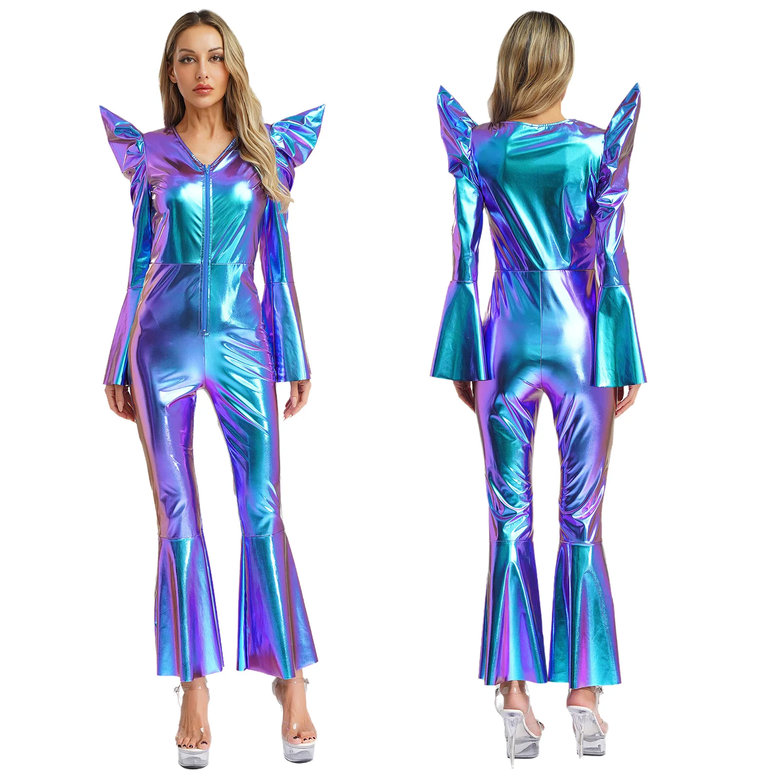 

Women Shiny Metallic Disco Jumpsuit Long Sleeves High Waist Bell Bottom Hippie Rompers Rave Party Clubwear Halloween Costume