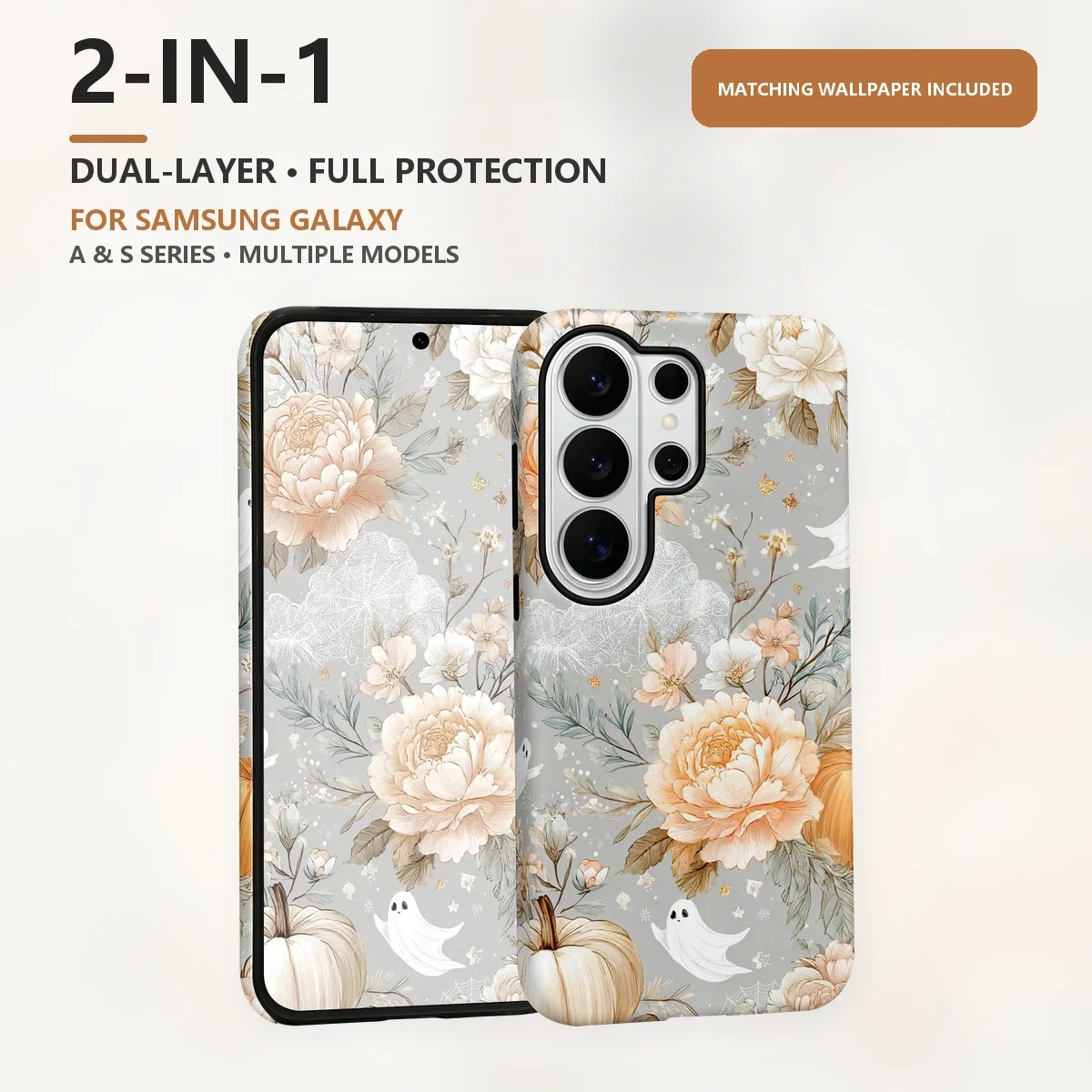 Peony Pumpkin Ghost 2-in-1 Dual-Layer Phone Case for Samsung Galaxy S26 S25 S24 S23 S22 S21 Plus Ultra FE S20 FE A56 A17 A16 A15