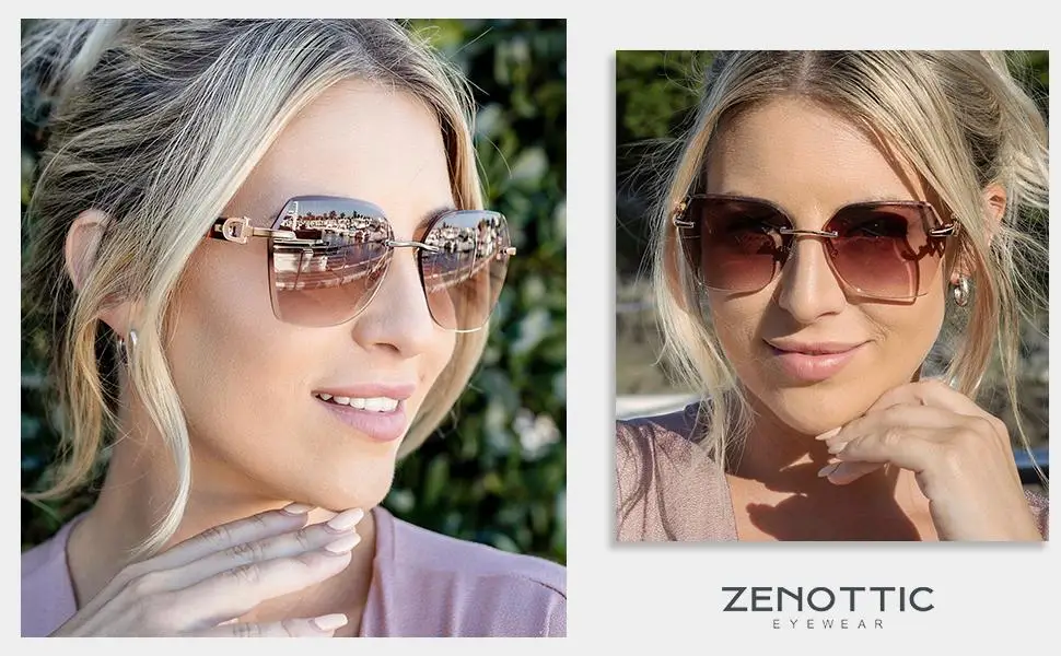ZENOTTIC Modische Damen-Sonnenbrille ohne Rand, trendige geometrische Diamantschliff-Verlaufsgläser, UV-Schutz – Detail 9