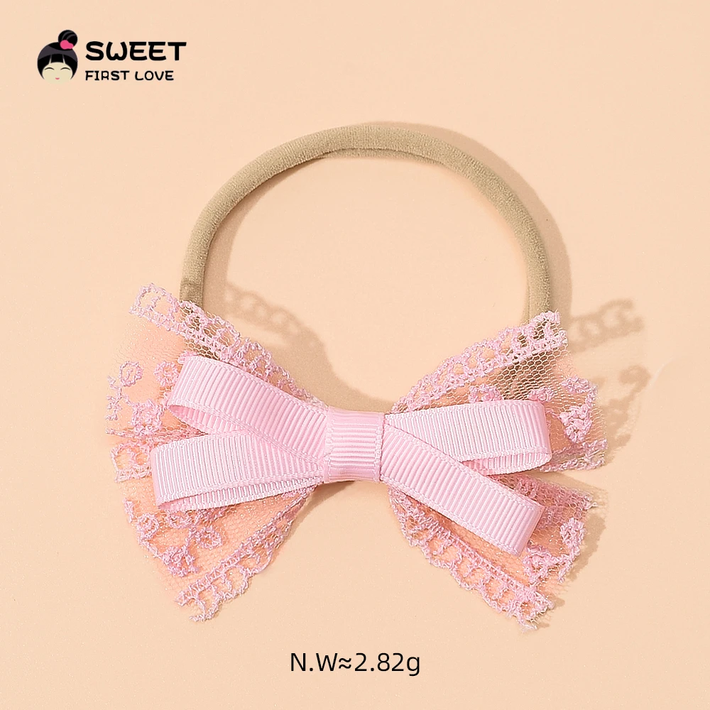 Cinta de encaje con lazo para bebé, diadema Kawaii con lazo, bandas elásticas de nailon para el cabello para niñas y niños, accesorios para el cabello