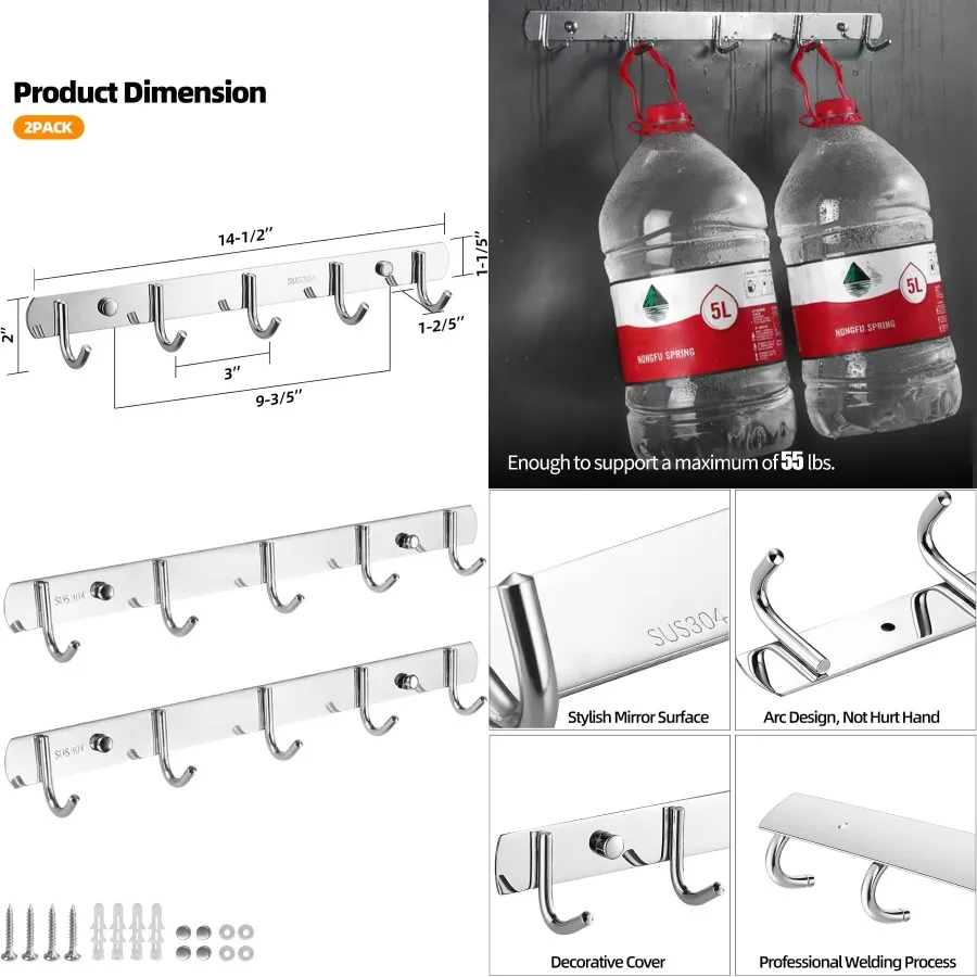 

2 упаковки, 5 настенных вешалок с одним крючком из утолщенной нержавеющей стали 304 для настенного крепления, отделка матовым никелем, серебряные настенные крючки с идентификатором