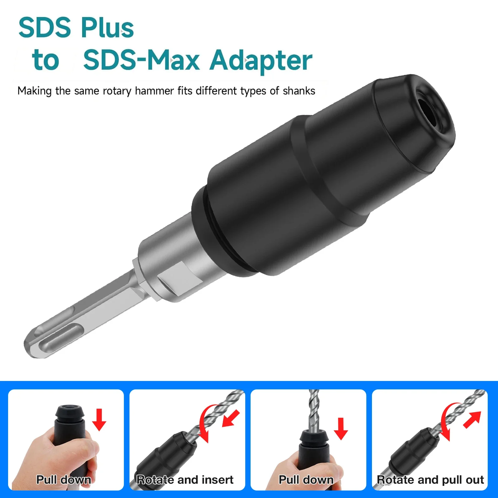 

SDS-Plus to SDS-Max Adapter for Rotary Hammers Carbon Steel Impact Resistant Round Shank Adapter Labor Saving Converter Shank To