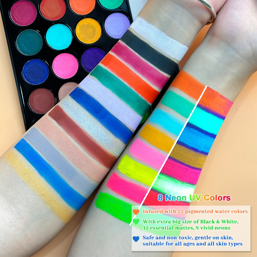 طقم طلاء الجسم مكون من 22 لونًا للأطفال والكبار، لوحة مكياج طلاء الوجه مع فرشاة، حفلة فنية لفن كرنفال الهالوين