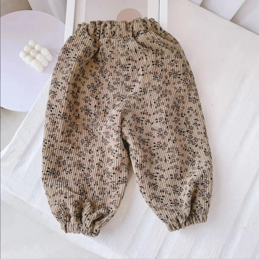 Floral Leopard Kids Corduroy Pants For 9 Months-8Years Old Loose Baggy Jogger Trousers Baby Child Soft Casual Daily Wear Trouser