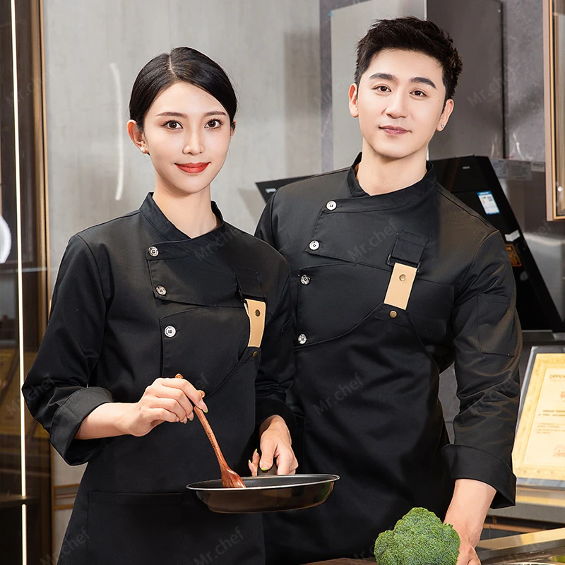 Uniforme de Chef de manga larga, chaqueta de chef de Hotel y restaurante con delantal, abrigo de cocinero, camiseta de Chef blanca, traje de trabajo, ropa negra de camarero