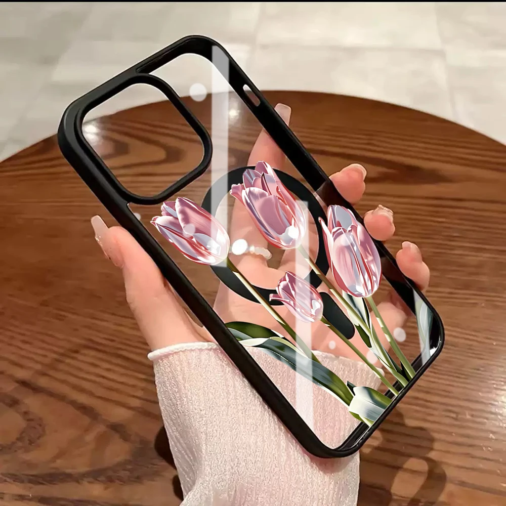 Tulpenblumen-Klarsichthülle für Magsafe iPhone 15 16 Pro Max 17 16 15 14 11 13 12 Pro Max Plus Hüllen Magnetisches Kabelloses Laden Coque – Detail 8