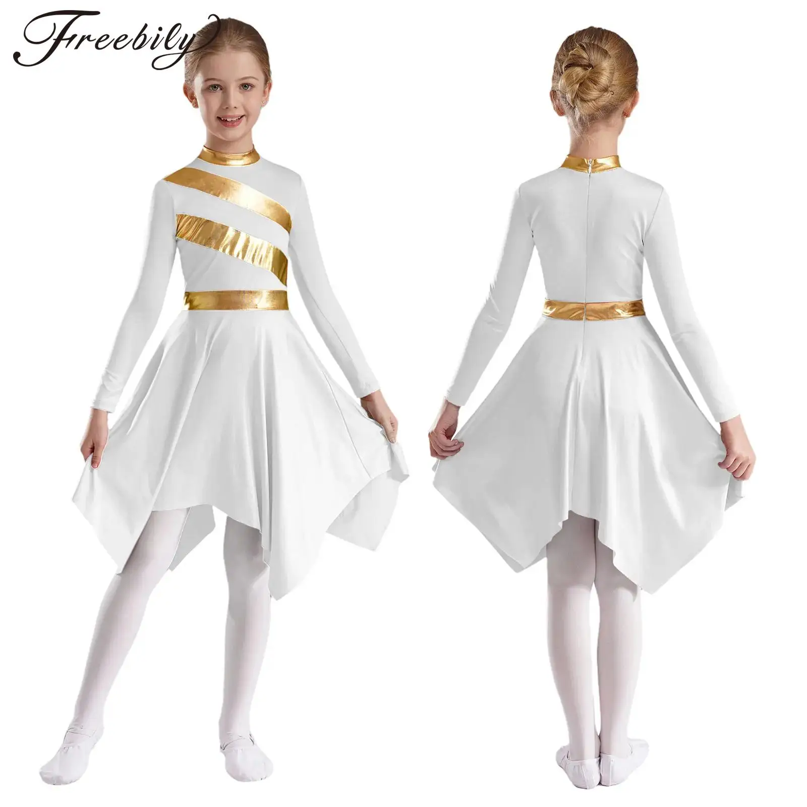 Kids Girls Praise Lyrical Dance Dress Church Choir Worship Costume Long Sleeve Asymmetrical Hem Gown for Ballroom Dancing Waltz