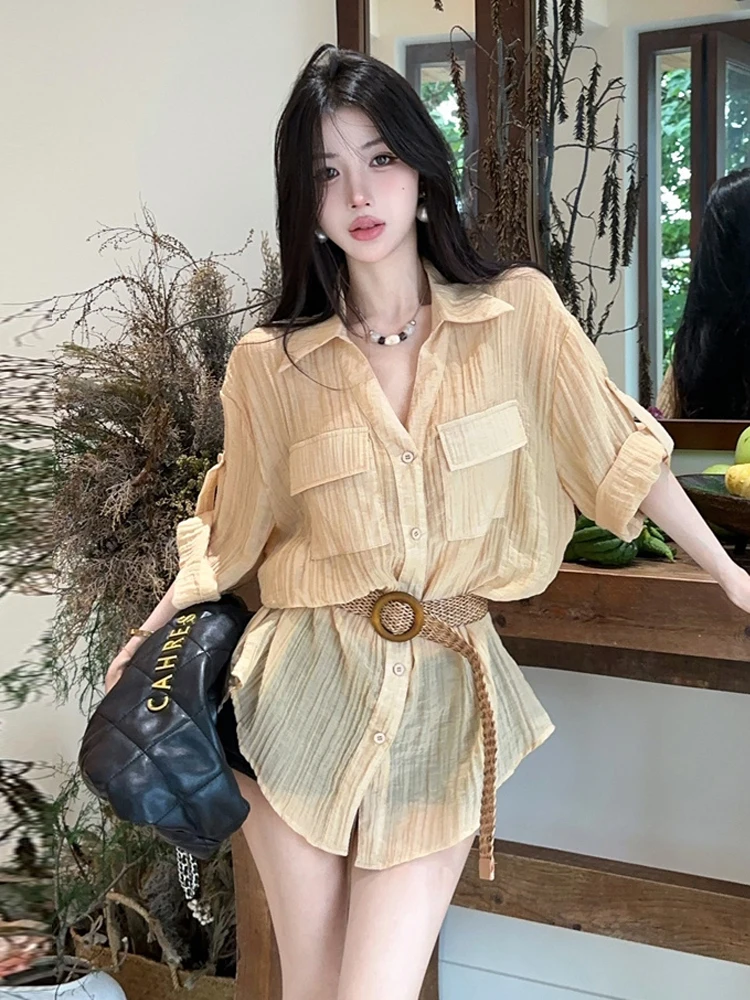 

Versatile Light Maturity Style Retro Shirt Slimming Loose Fit Thin Material Waist-Cinching Women's Premium Quality Top