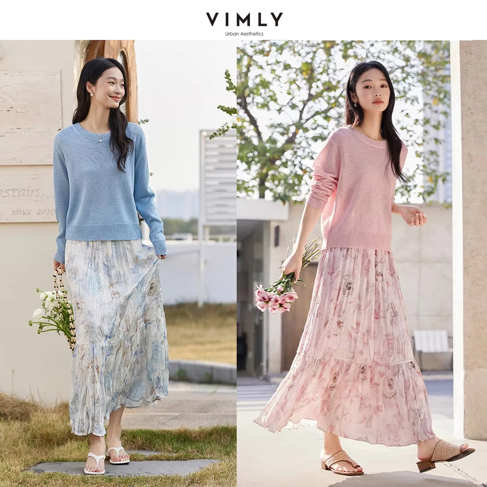 

VIMLY Women Simple Knitted Sets 2025 Spring Office Lady Casual Pullover Top+Pleated Floral Printed Skirt Beach Style 2pcs Set