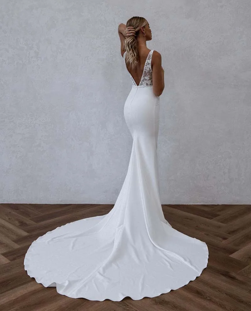 Vestido de Novia de sirena con apliques de encaje, escote cuadrado, espalda abierta, cremallera sin mangas, elegante