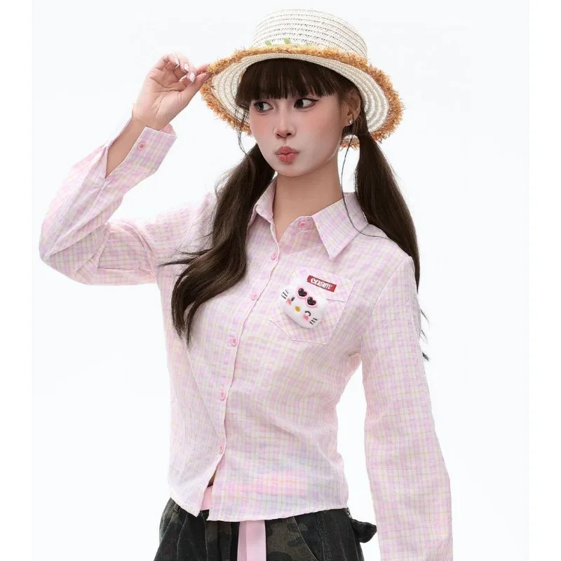 سانريو مرحبا كيتي المرأة القمصان متعة قلادة طويلة الأكمام بلايز Y2k امرأة الملابس الأمريكية قصيرة العصرية منقوشة امرأة البلوزات #2