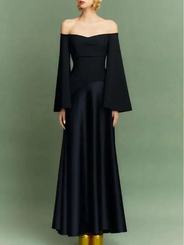 

Elegant Flowing Trendy Black Off-Shoulder Dress With Bell Sleeves Women's Evening Gown Satin Fabric 2025 Customized