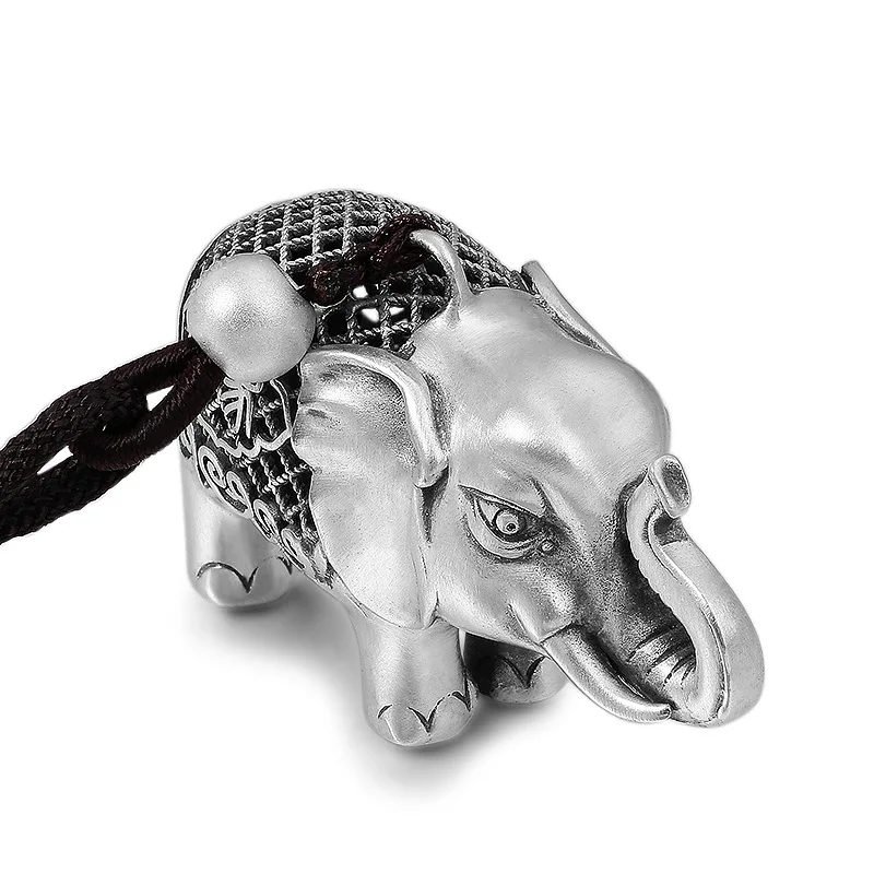 

S999 Pure Silver Lucky Elephant Openwork Pendant Vintage Unisex Necklace for Men Women Long Choker Gift