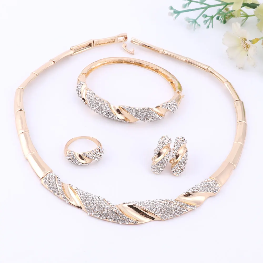 Trendy Necklace Earrings Bracelet Ring  Gold Color Jewelry Sets For Women Crystal Bridal Wedding Accessories