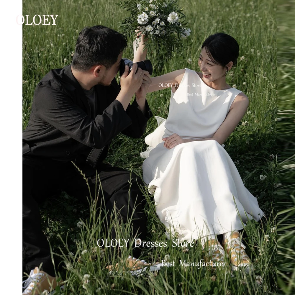 OLOEY abiti da sposa eleganti a sirena corea sposa scialle con fiocco in raso elasticizzato indietro Sweep Train abiti da sposa Country photoboot