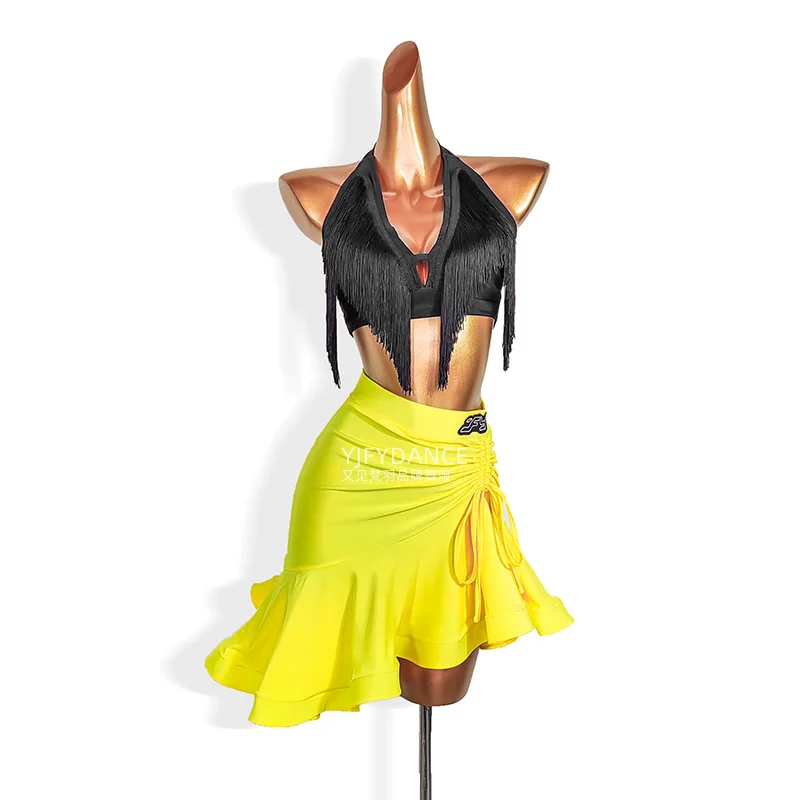 2024 New Latin Dance Performance Costumes For Women Black Tassels Tops Colorful Fishbone Skirts Adult Latin Dance Dress DN15953