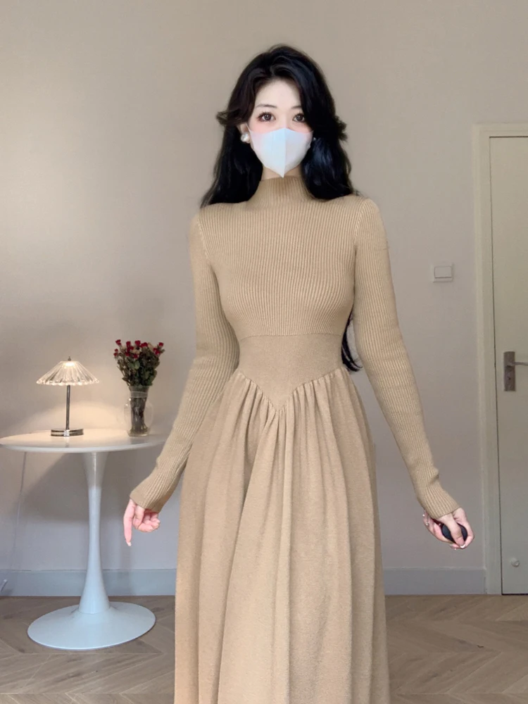 

Women Half High Collar Advanced Sense Ruffles Dress Autumn Winter New Korean Slim Appear Thin Inner Layering Knitted Dress 2023