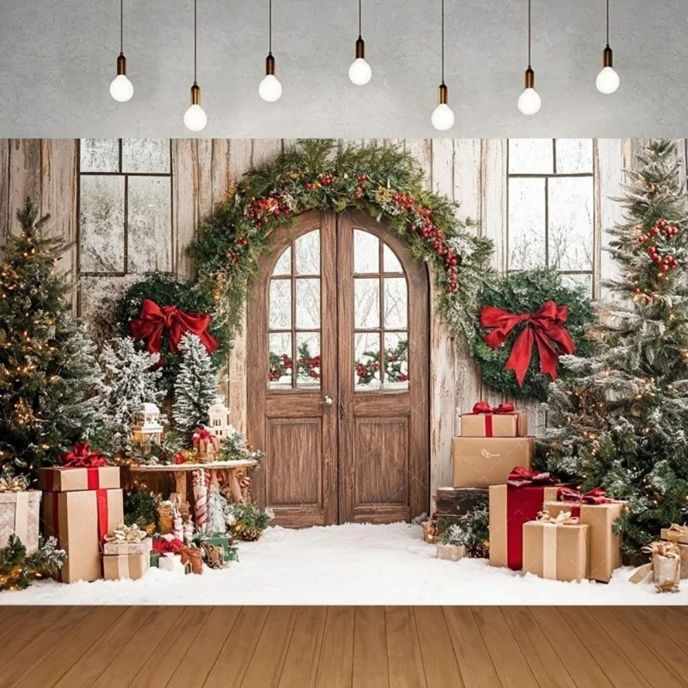 

Christmas countryside wooden door and window banner background, Christmas tree gift, family children portrait shooting Backdrop