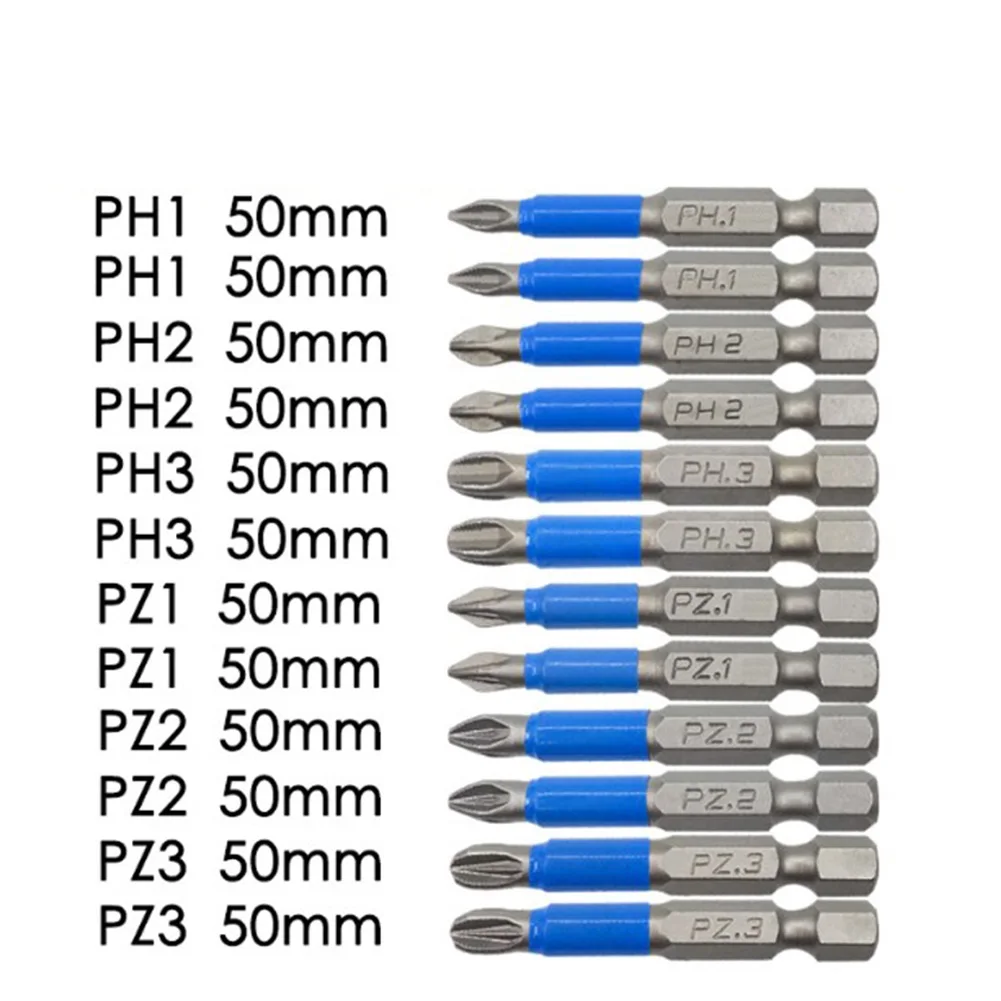 Embouts de tournevis électriques coordonnants, outils à main, dureté élevée, PH1, PH2, PH3, PZ, PZ2, PZ3, 50mm, 12 pièces par jeu