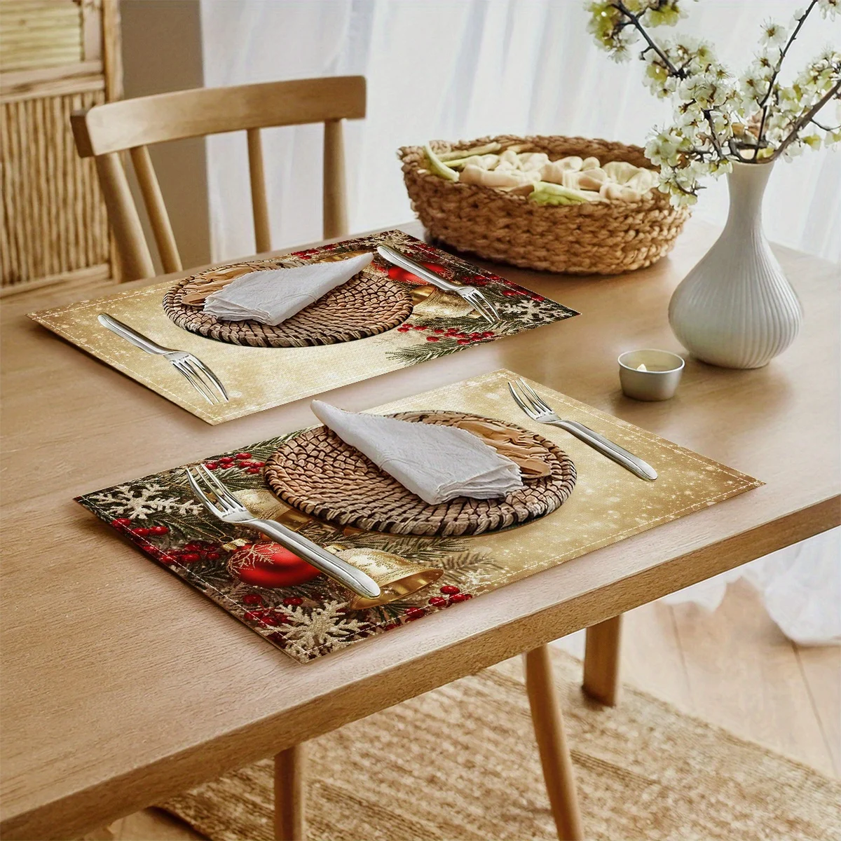 4pcs Vintage Christmas Placemats Festive Polyester Table Mats with Snowflakes, Bells Holly Design 18x11.8 Inches