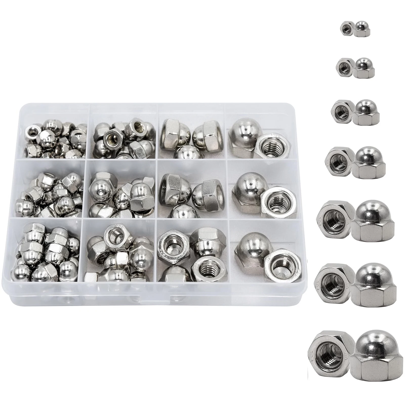 Stainless Steel Acorn Nuts Assortment Kit M3 M4 M5 M6 M8 M10 M12 Hex Acorn Cap Nuts Sets, Cap Nut for Bolt, Dome Head Hex Nuts