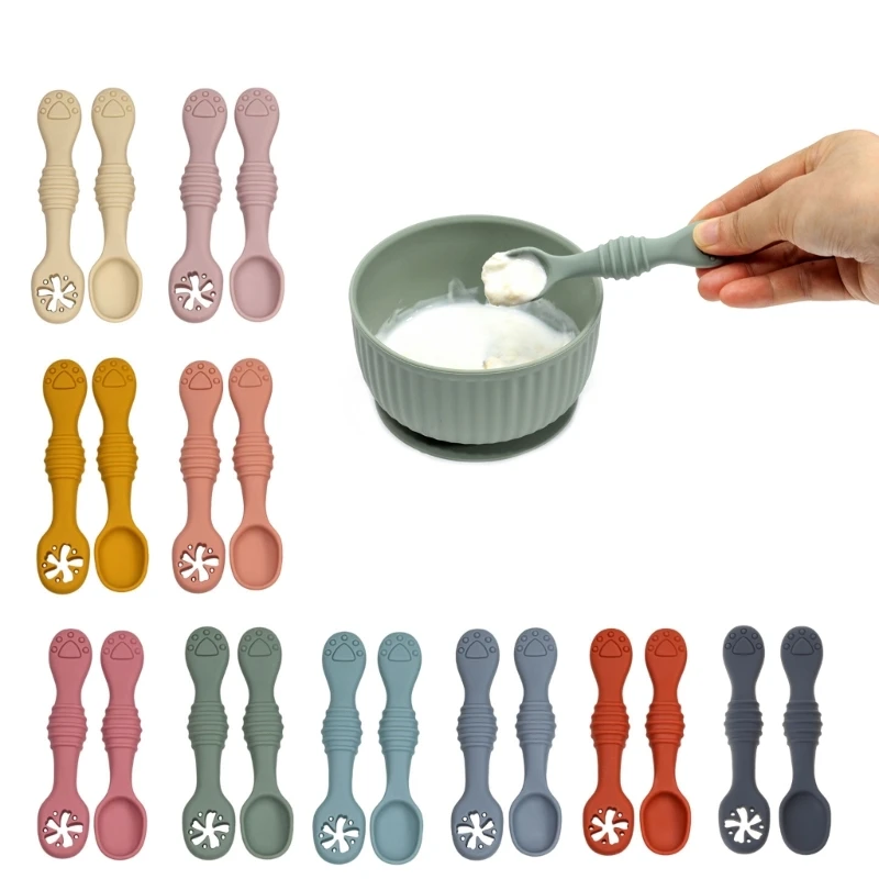 Conjunto infantil de colher e garfo de silicone alimentício, utensílios de alimentação de bebê, talheres de bebê, colher de treinamento, talheres para crianças, 2 peças