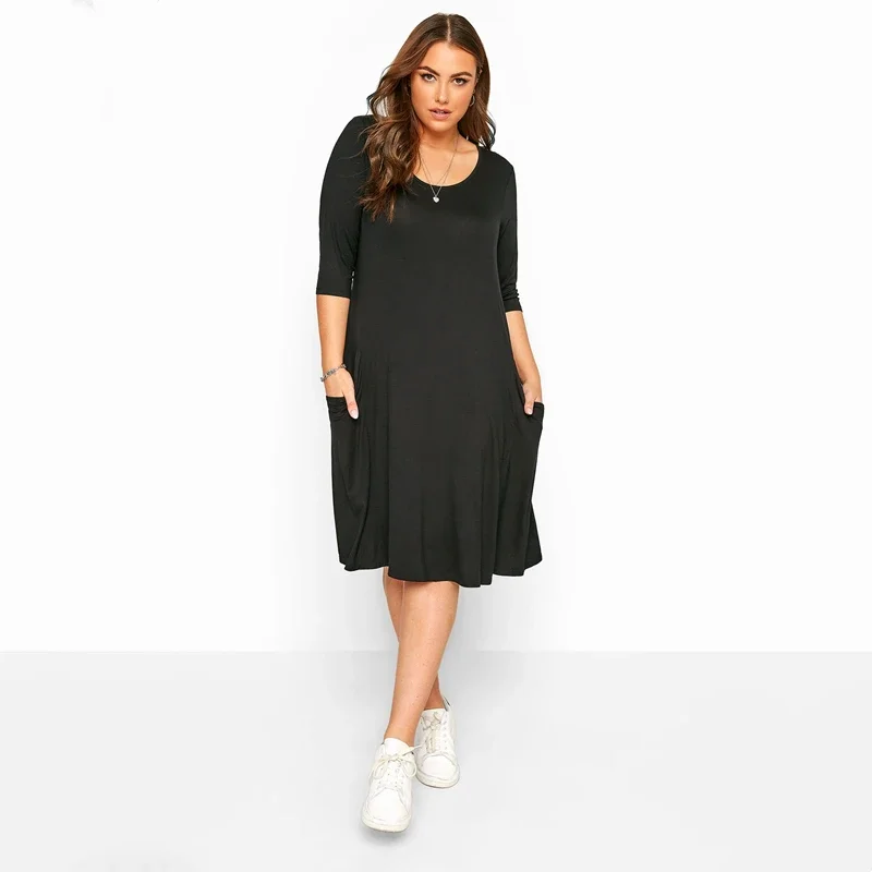 

Plus Size Half Sleeve Casual Summer Tunic Dress Pockets Front Loose Straight Midi Dress Large Size Black T-shirt Dress 6XL 7XL