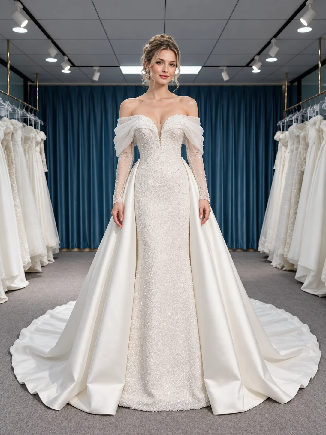 Luxury Beaded Wedding Dress Off Shoulder Long Sleeves Sweetheart Satin Overskirt Bridal Gown Custom Plus Size Vestido de no