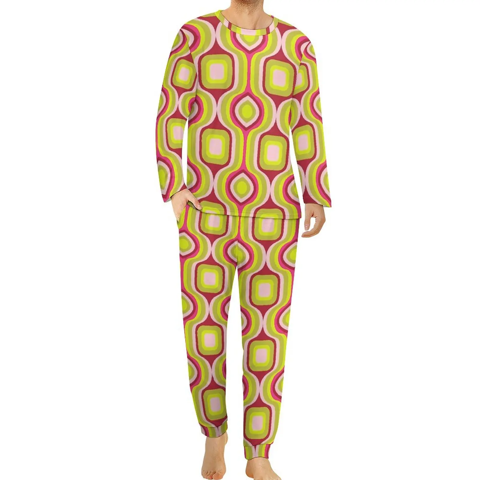 Retro Geo Print Pajamas Spring Red and Yellow Night Sleepwear Male 2 Piece Pattern Long-Sleeve Lovely Oversized Pajamas Set