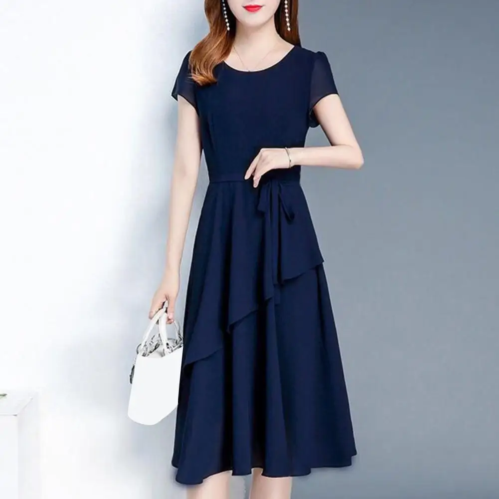 Slim Fit Dress Elegant Lace Up Midi Dresses for Women O-neck A-line Streetwear Korean Crew Neck Oversize Dress with Short