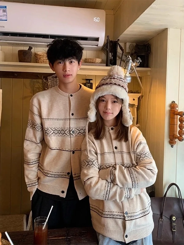 

Retro American Fair Isle Knitted Sweater Men's High nce Couple Cardigan Coat Trendy Loose Fit round Ne Long Sve