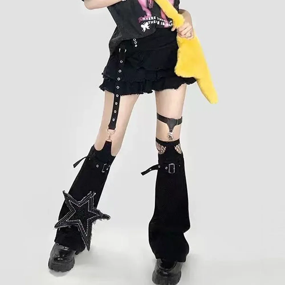 Women Y2K Gothic Harajuku Mini Skirt with Leg Warmers Girl Lolita Streetwear Retro Grunge Sweet Moto Biker Skirt Set Leg Warmers