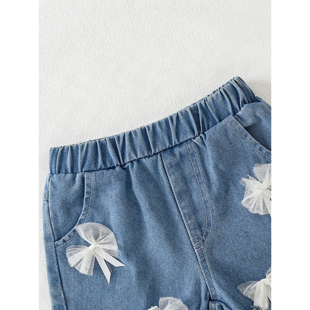 مجموعة ملابس لـ 0-3 سنوات طفلة لطيف الكرتون نمط القوس قصيرة الأكمام أعلى + الدنيم السراويل الصيف زي لفتاة طفل #4