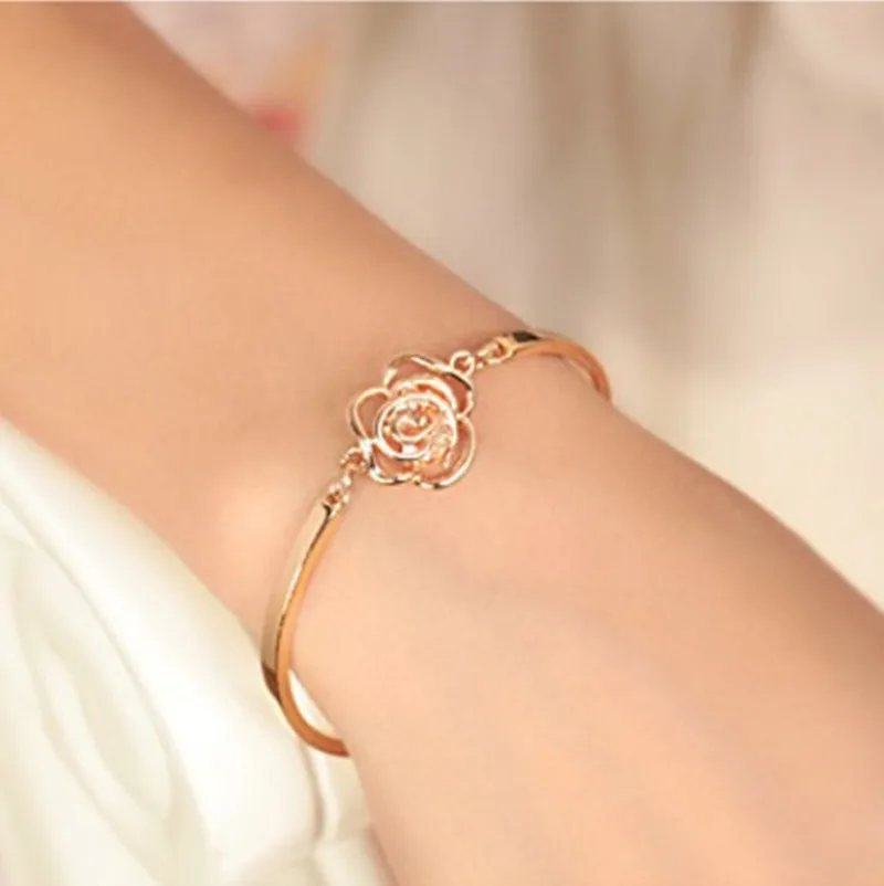 Rose Flower Bangles Beautiful Lovers Bracelets Adjustable Camellia Bracelet For Woman Girls Fashion Jewelry Gift