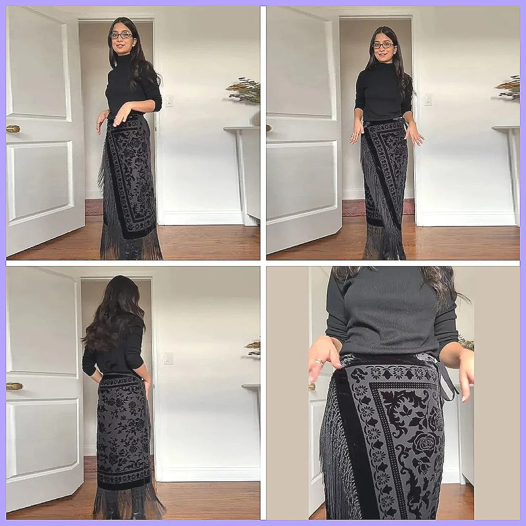 

Elegant Black Floral Midi Skirt for Women, High Waist A-Line Retro Party Skirt with Tassel Hem (72 characters)