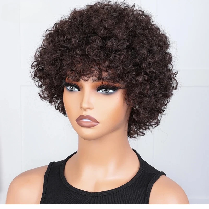 レベッカ ショート ピクシー アフロ キンキー カール ウィッグ ナチュラルブラウン ボブウィッグ 前髪付き ブラジリアン レミー 人毛ウィッグ ジェリーカール 女性用