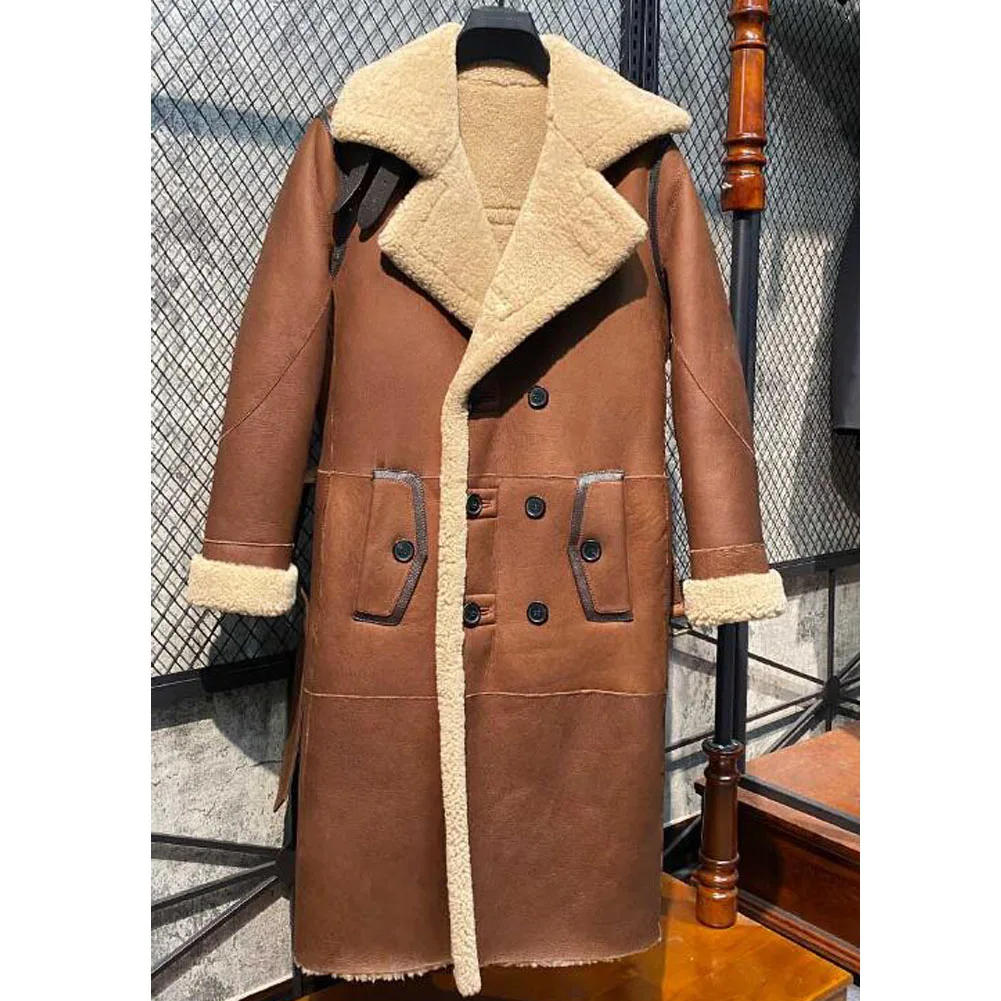 Denny&Dora Mens Shearling Jacket Men Sheepskin Jacket Length Sheepskin Coat For Men Brown Leather Jacket