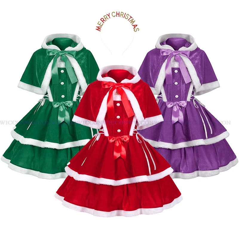 Lovely Christmas New Year Party Velvet Outfit Red Green Hair Decor Cosplay Costume Clothes Santa Dress Clothing Women Cape