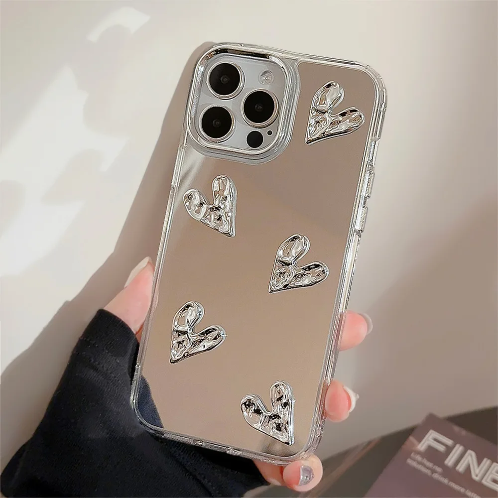 Luxuriöse 3D-Liebesherz-Versilberung, Make-up-Spiegel-Handyhülle für iPhone 16, 14, 13, 12, 11, 15 Pro Max, stoßfeste Schutzhülle