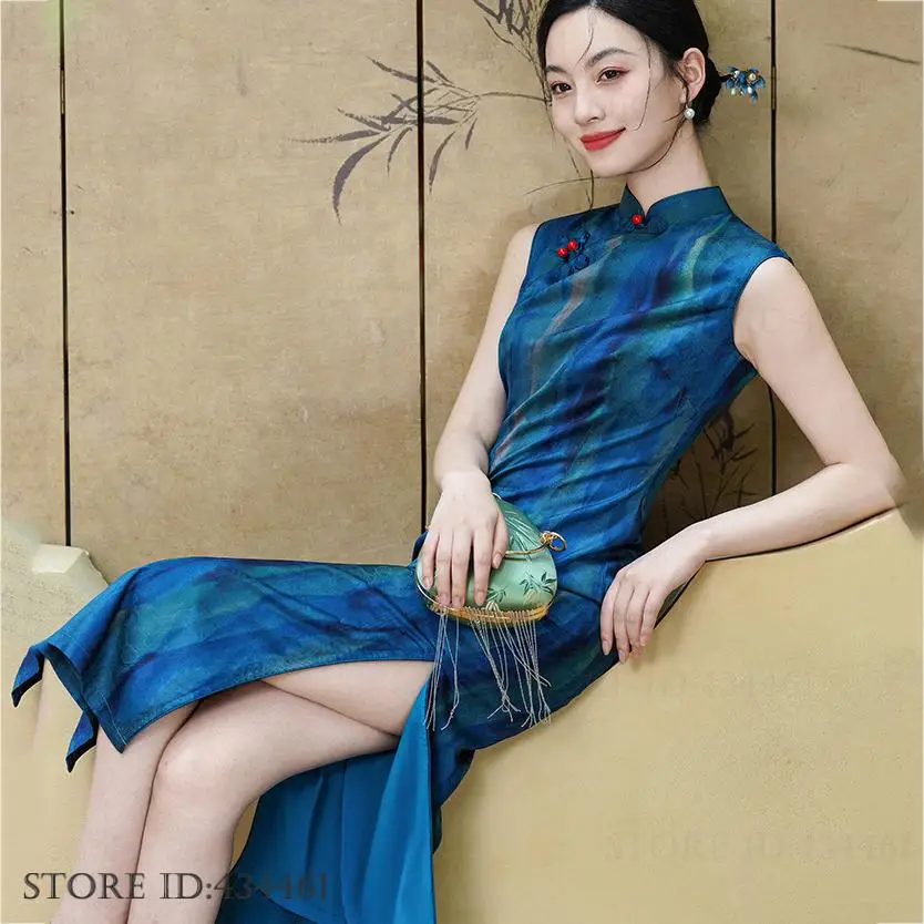 

Summer New Women Qipao Elegant Classic Print Satin Long Cheongsam Vintage Traditional Chinese Dress Sexy Slim Split Vestidos