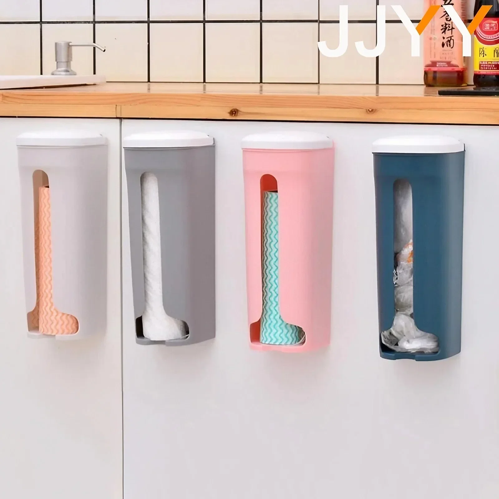 JJYY No Hole Kitchen Flap Garbage Bag Organiser Plastic Bag Organiser Extractable Wall Mounted Organiser