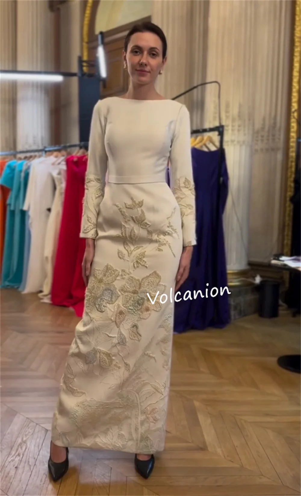Customized Jersey Flower Pattern Beading Straight O-Neck Midi Dresses Bespoke Occasion Classic Exquisite Formal