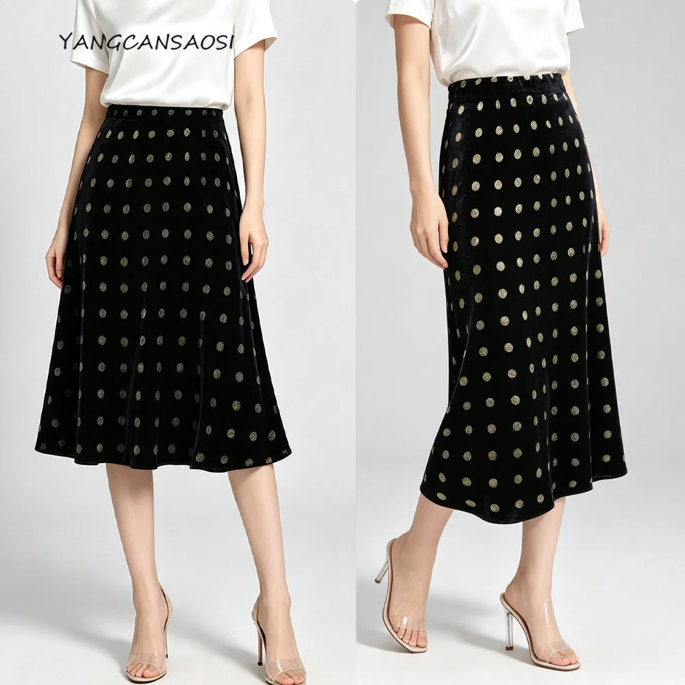 Women's Fashion Autumn New 30% Natural Mulberry Silk Velvet Retro Polka Dot Elastic Waist Black Slim Fit Skirt