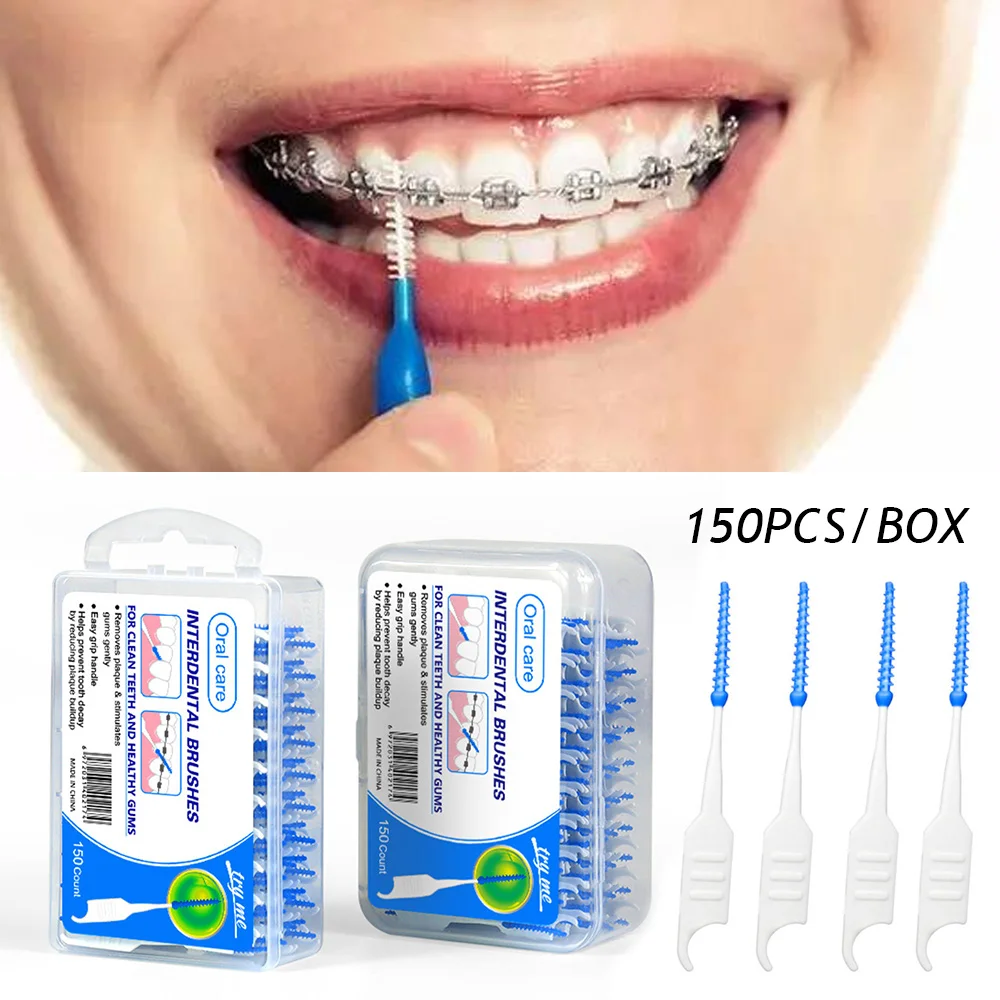 150pcs/box Interdental Brushes Orthodontic Toothpick Oral Brace Cleaning Dental Floss Oral Hygiene Soft Elastic Silicone Brushes