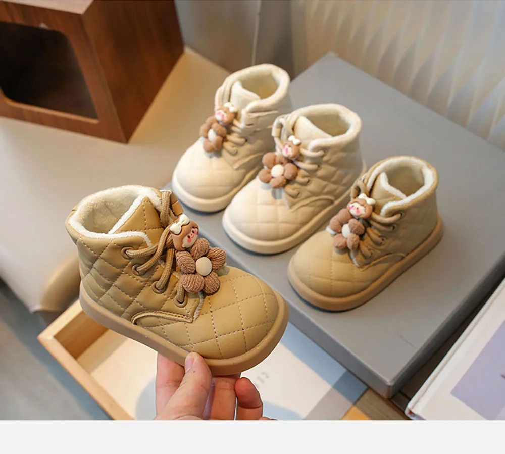 

Children Winter Snow Boots Girl Trend Fashion Cute Plaid Snow New Faux Fur Cotton Shoes Plush Fashion Soft Soled Shoes Kids