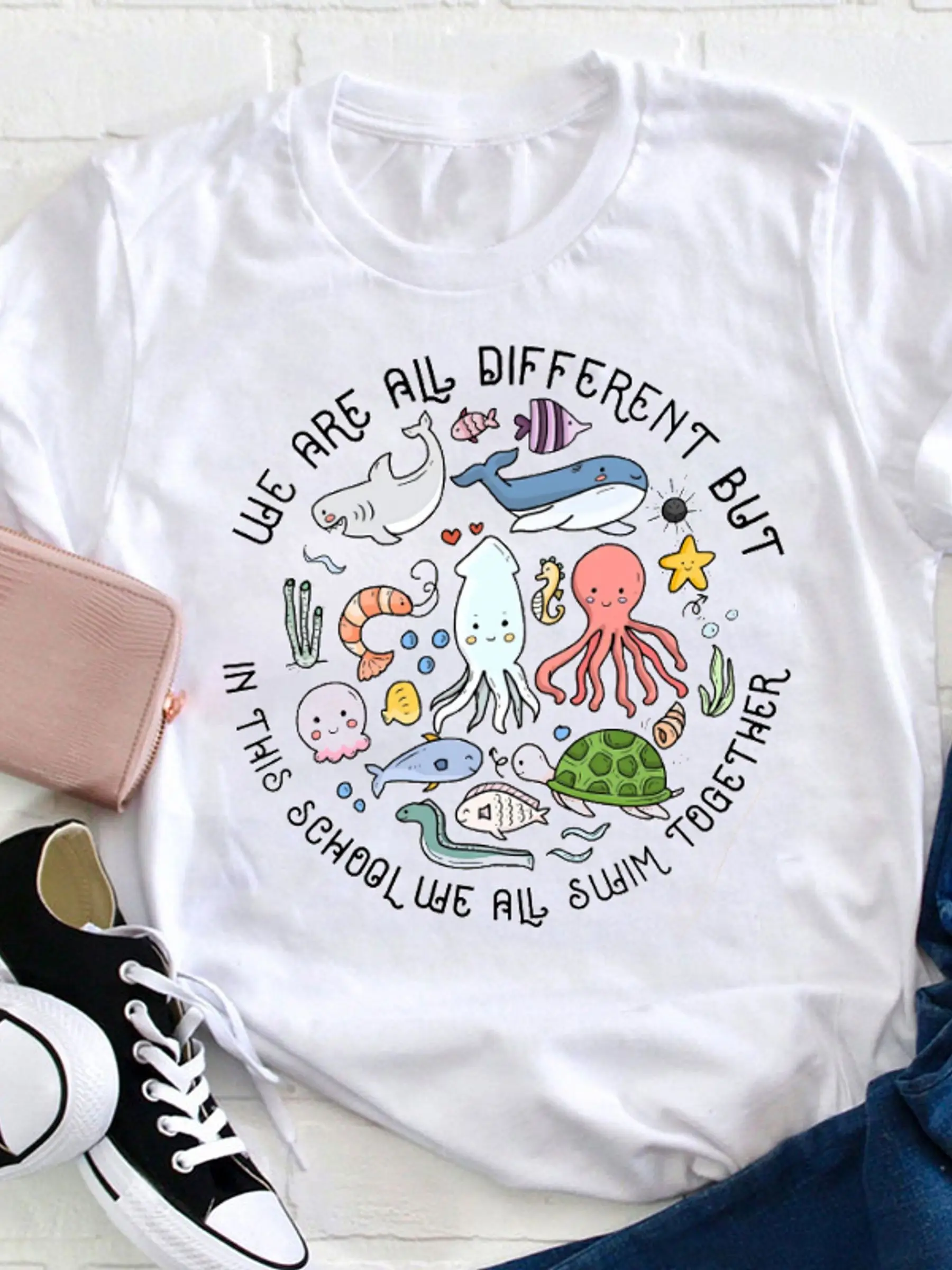 Grande taille nous nageons ensemble t-shirt de professeur, T-Shirt col rond décontracté pour femmes0XL-4XL