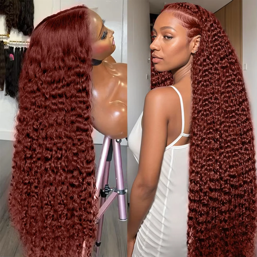 200% Deep Wave Glueless Wig 13x4 Human Hair Ready To Wear Curly Reddish Brown 13x6  Lace Frontal Wigs Preplucked For Women