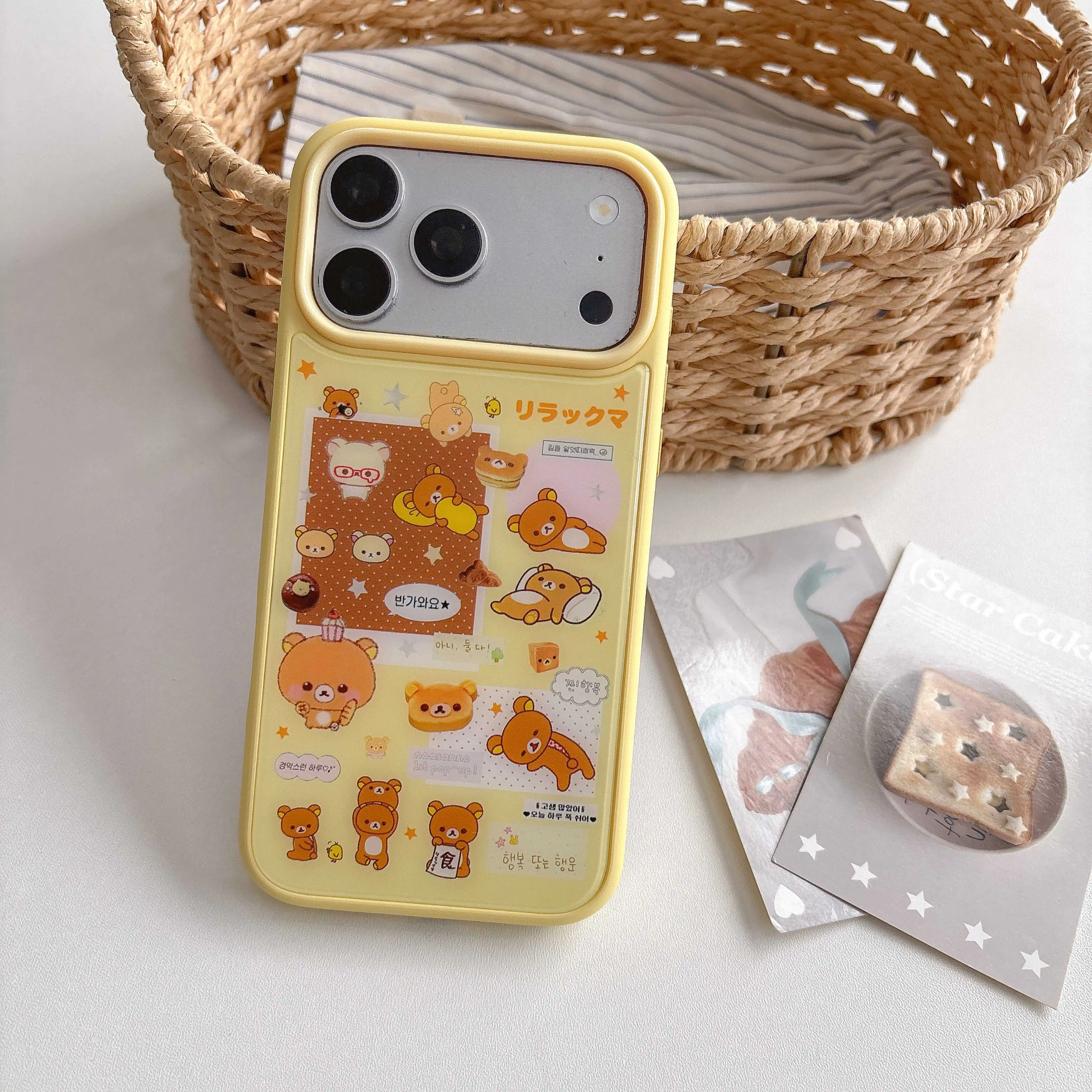 Cute Rilakkuma Sticker Print Phone Case For IPhone15-17Pro Max Yellow Frame Cartoon Bear Shockproof Protective Cover For Girls