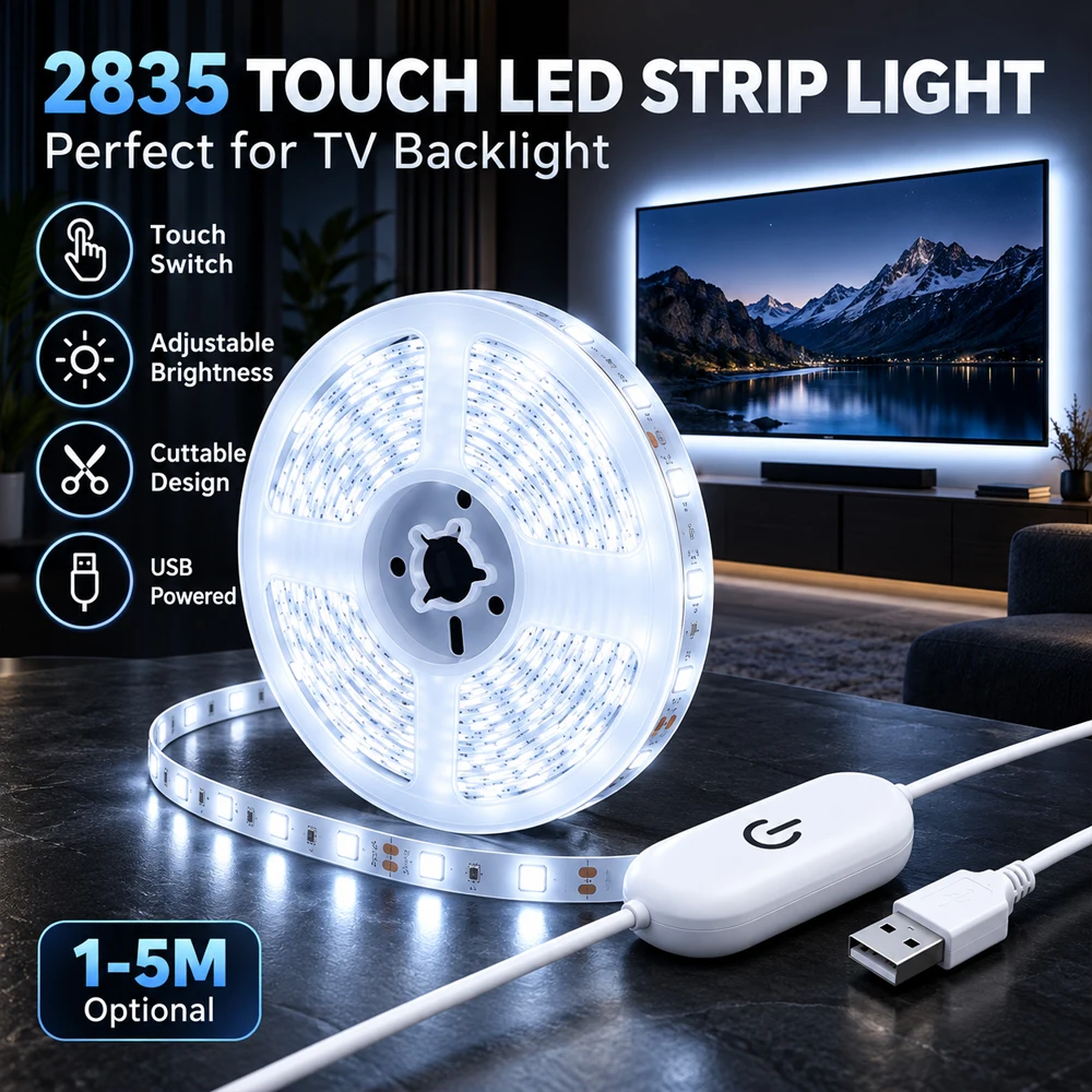 5V USB SMD2835 LED Tape Light Touch Dimmable Self Adhesive Flexible Cuttable Ribbon Lamp For Wardrobe Showcase DIY Ambient Decor