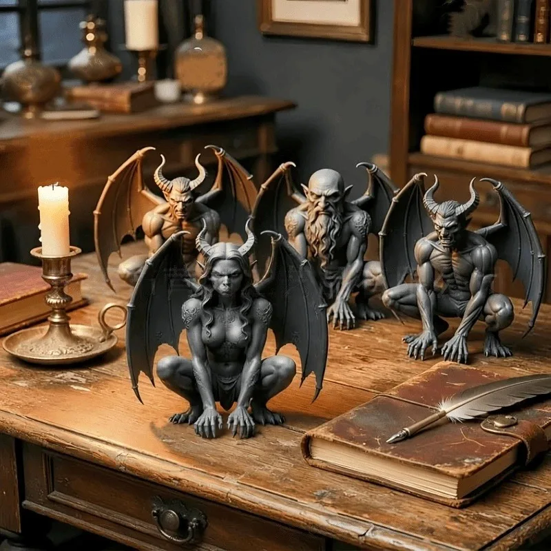Gargoyle Stone-Effect Statue Ornament Spooky Gothic Resin Craft Year-Round Halloween Decor Chimeric Beast Desktop Display